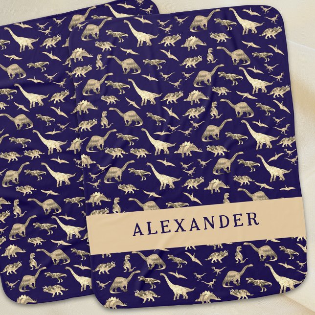 Cute Dinosaur Personalized Name Navy Blue Baby Blanket (Cute dinosaur personalized name boy baby blanket navy blue and khaki brown beige Jurassic dino decor)