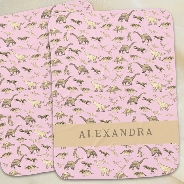 Cute Dinosaur Personalized Name Pink Baby Blanket (Cute dinosaur personalized name pink baby girls blanket Jurassic dino bedroom home decor for girls)