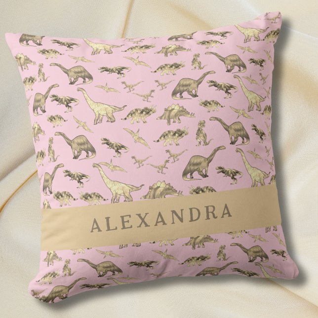Cute Dinosaur Personalized Name Pink Throw Pillow (Cute dinosaur personalized name baby girls pink pillow)