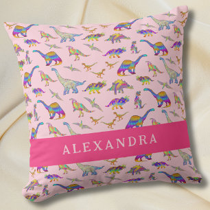 Cute Dinosaur Personalized Name Pink Throw Pillow
