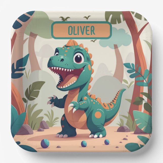 Cute Dinosaur Personalized Paper Plates (Front)