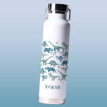 Cute Dinosaur Personalized Water Bottle<br><div class="desc">Lots of blue dinosaurs,  Tyrannosaurus rex,  Spinosaurus,  Stegosaurus,  Diplodocus and Triceratops.
Perfect for budding paleontologists!  
Remove or change the name to customize.</div>