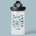 Cute Dinosaur Personalized Water Bottle<br><div class="desc">Lots of blue dinosaurs,  Tyrannosaurus rex,  Spinosaurus,  Stegosaurus,  Diplodocus and Triceratops on a blue background.  Change the name to personalize. Original art by Nic Squirrell.</div>