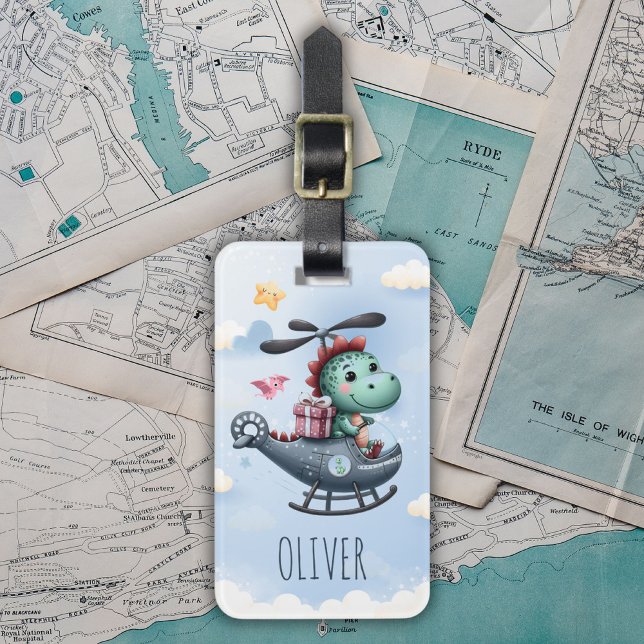 Cute Dinosaur Pilot Flying Charming Helicopter Luggage Tag (Creator Uploaded)