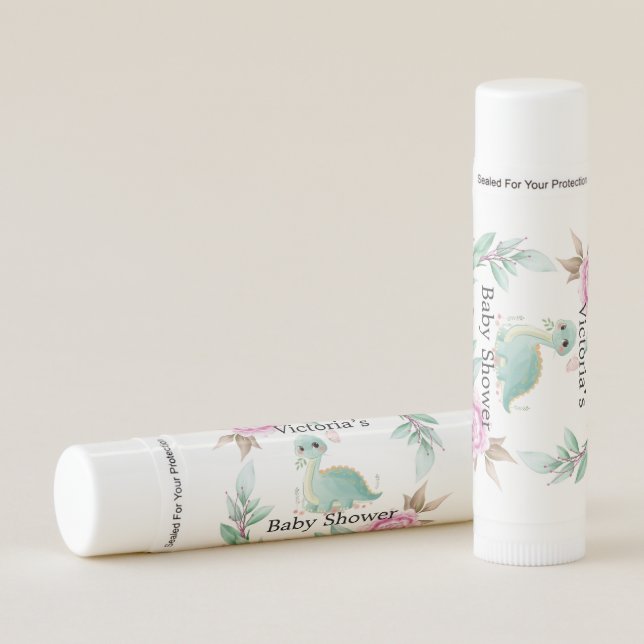 Cute Dinosaur Pink Peony Baby Shower Lip Balm (Front)