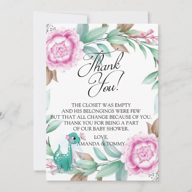 Cute Dinosaur Pink Thank You Card (Front)