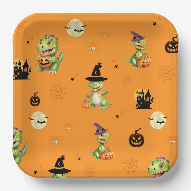 Cute Dinosaur play pumpkin trick o treat halloween Paper Plates (Front)