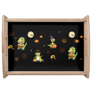 Cute Dinosaur play pumpkin trick o treat halloween Serving Tray