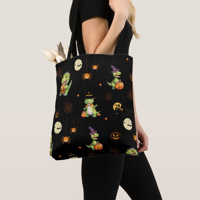 Cute Dinosaur play pumpkin trick o treat halloween Tote Bag (Close Up)