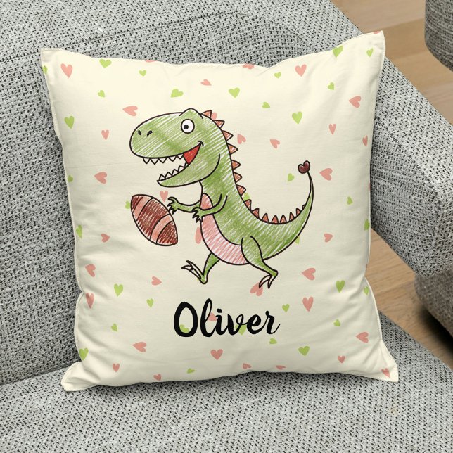 Cute Dinosaur Playing Football Personalized Throw Pillow (Creator Uploaded)