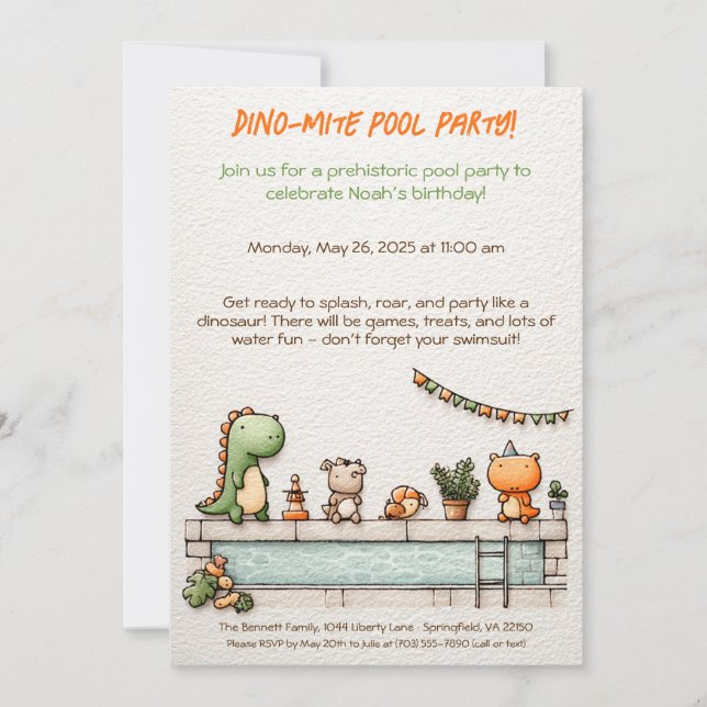 Cute Dinosaur Pool Party Birthday Invitation  (Front)