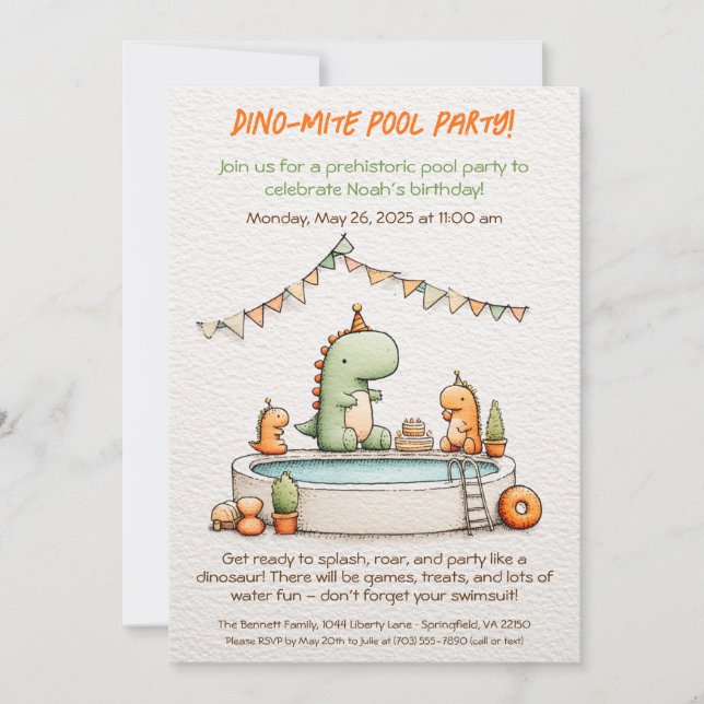 Cute Dinosaur Pool Party Birthday Invitation  (Front)