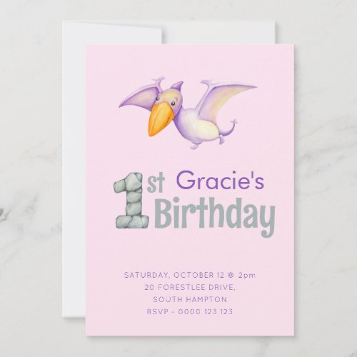 Cute Dinosaur Pterodactyl 1st Birthday Party Girls Invitation