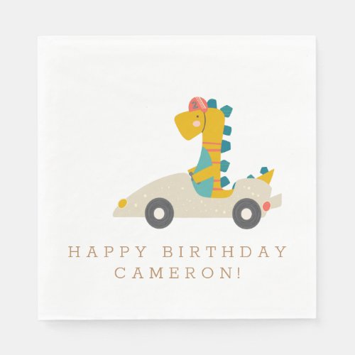 Cute Dinosaur Race Car Personalized Birthday Party Napkins