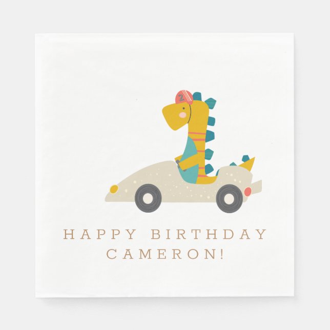 Cute Dinosaur Race Car Personalized Birthday Party Napkins (Front)