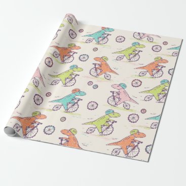 Cute Dinosaur Racing Bikes Whimsical Pattern Wrapping Paper