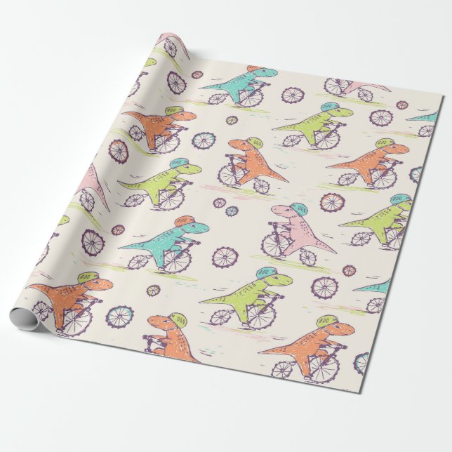 Cute Dinosaur Racing Bikes Whimsical Pattern Wrapping Paper (Unrolled)