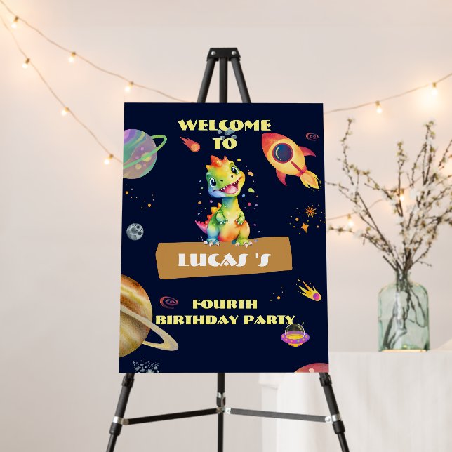 Cute Dinosaur rainbow galaxy Rocket birthday part Foam Board (In Situ (Stand))
