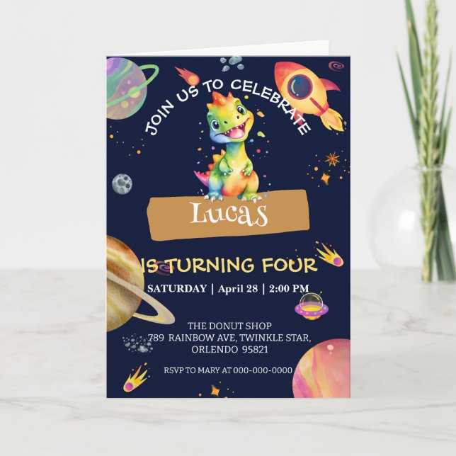 Cute Dinosaur rainbow Galaxy space birthday party Invitation (Front)