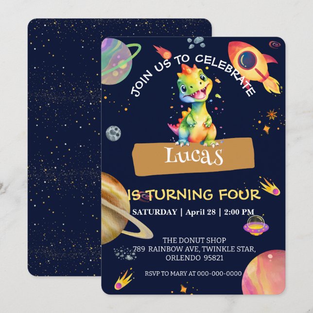 Cute Dinosaur rainbow Galaxy space birthday party Invitation (Front/Back)