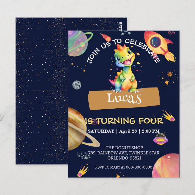 Cute Dinosaur rainbow Galaxy space birthday party Postcard (Front/Back)