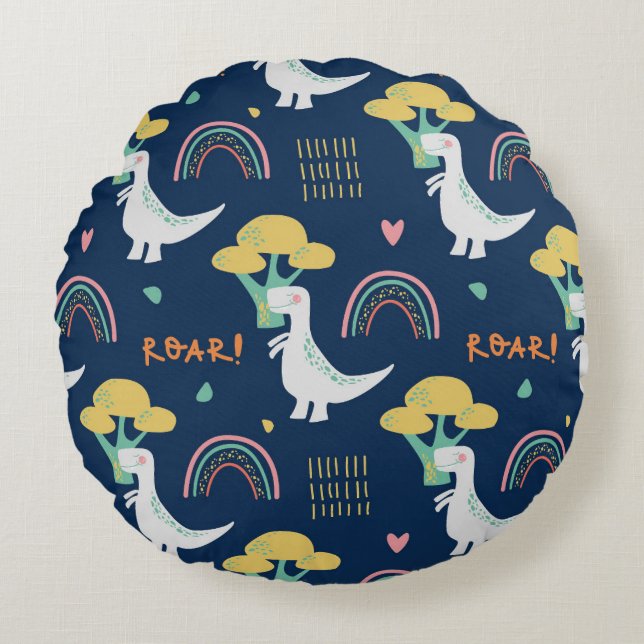 Cute Dinosaur & Rainbow "ROAR!" Pattern Round Pillow (Front)