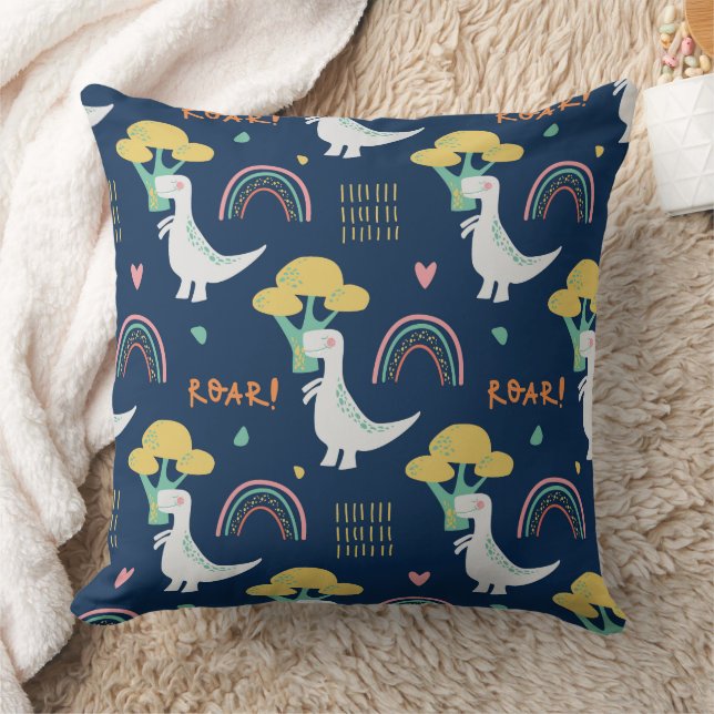 Cute Dinosaur & Rainbow "ROAR!" Pattern Throw Pillow (Blanket)