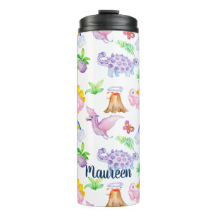 Cute Dinosaur Rainbow Watercolor Jungle Pattern Thermal Tumbler