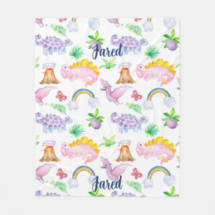 Cute Dinosaur Rainbow Watercolor Kids Jungle Fleece Blanket