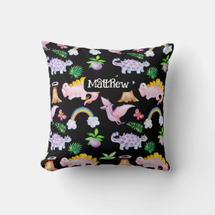 Cute Dinosaur Rainbow Watercolor Kids Jungle Throw Pillow