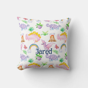 Cute Dinosaur Rainbow Watercolor Kids Jungle Throw Pillow