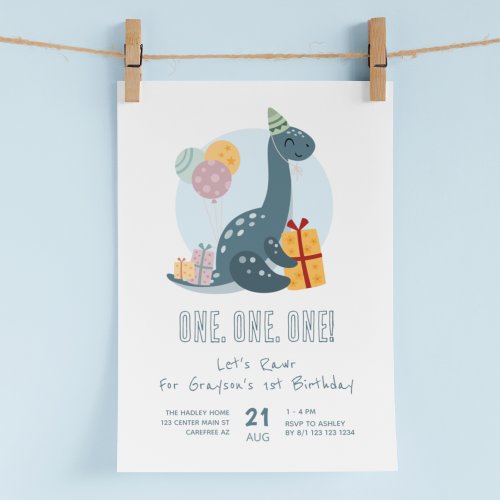 Cute Dinosaur Rawr Blue 1st Birthday Invitation