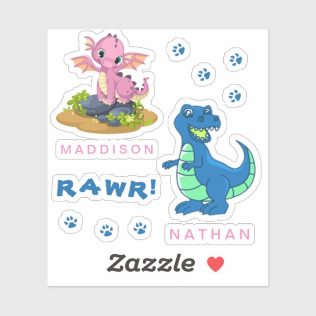 Cute Dinosaur RAWR Name Custom-Cut Vinyl Sticker (Sheet)