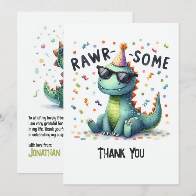 Cute Dinosaur “Rawr-some” Kids Birthday Thank You Card (Front/Back)