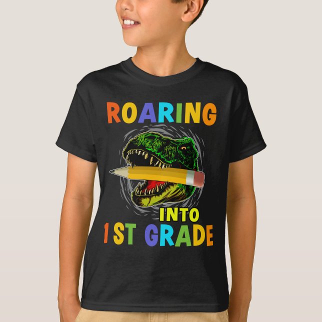 Cute Dinosaur Roaring Into 1st Grade T-Shirt (Front)