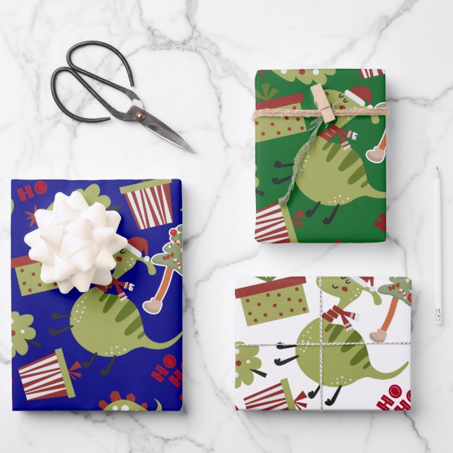Cute Dinosaur Santa Christmas Pattern Wrapping Paper Sheets (Front)