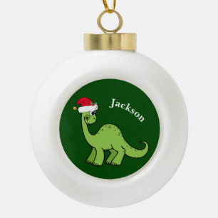 Cute Dinosaur Santa Green Kids Monogram Ceramic Ball Christmas Ornament