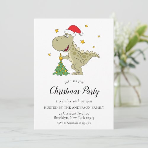 Cute Dinosaur Santa Hat Christmas Party Invitation