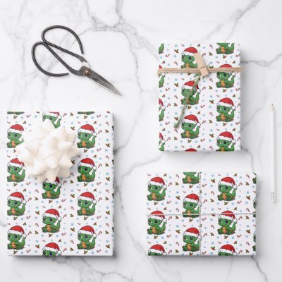 Cute Dinosaur Santa Hat Christmas Wrapping Paper