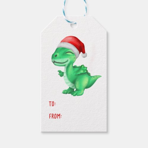 Cute Dinosaur Santa Hat Kids Green Christmas  Gift Tags
