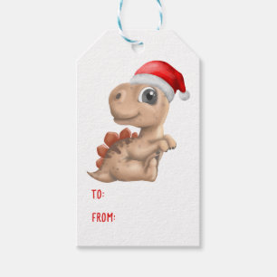 Cute Dinosaur Santa Hat Kids Tan Christmas Gift Tags