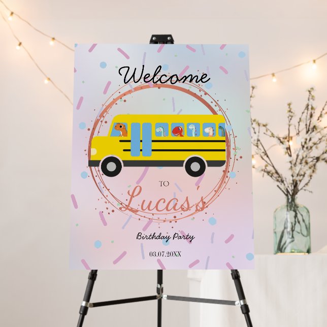 Cute dinosaur School Bus kid Birthday Welcome Foam Board (In Situ (Stand))