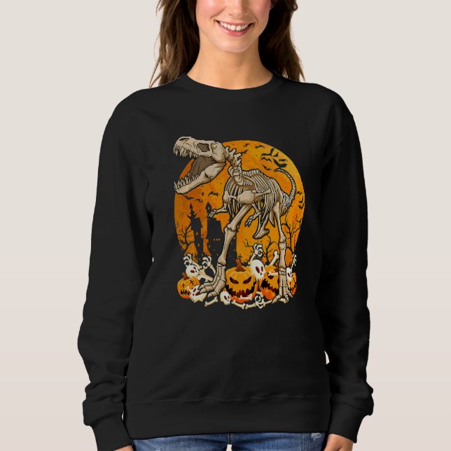 Cute Dinosaur Skeleton Pumpkin With Moon Halloween Sweatshirt (Front)