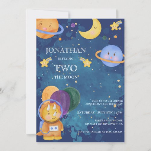 Cute Dinosaur Space Two the Moon Birthday Invitation