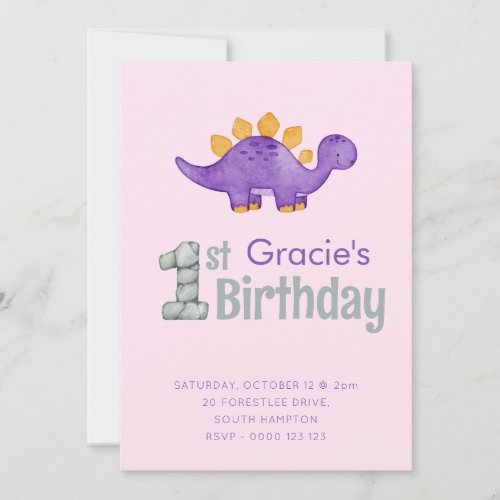 Cute Dinosaur Stegosaurus 1st Birthday Party Girls Invitation