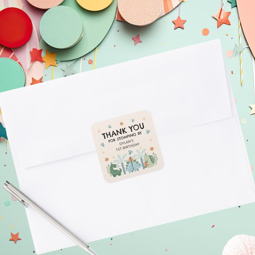 Cute Dinosaur Stomp Birthday Party Thank You Square Sticker