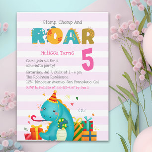 Cute Dinosaur Stomp Chomp and roar Birthday Girl Invitation