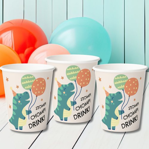 Cute Dinosaur Stomp Chomp Drink Birthday Party Paper Cups