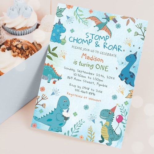 Cute Dinosaur Stomp Chomp Roar 1st Birthday Party Invitation