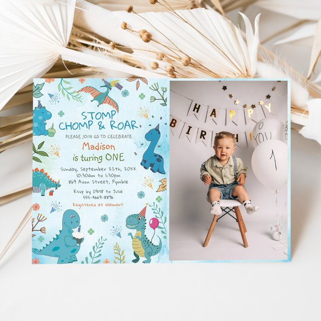 Cute Dinosaur Stomp Chomp Roar 1st Birthday Photo Invitation (Creator Uploaded)